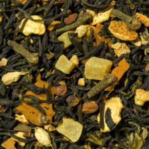 A natural blend of black tea, mango, turmeric (curcuma) & spices with a unique chai quality. Fruity mango pieces combined with ginger, cinnamon and turmeric give this spicy black tea the exotic flair.  Contains: Black tea (37 %), mango bits (mango, sugar, citric acid (acidifier)), ginger, citrus peels, aniseed, cinnamon, mango bits with rice flour (separating agent), natural flavour, curcuma powder, cloves